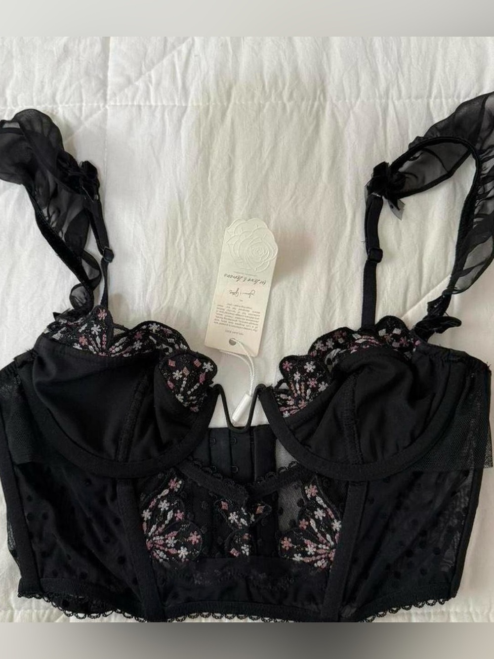 For Love And Lemons Black Bra with Pink Floral Embroidery